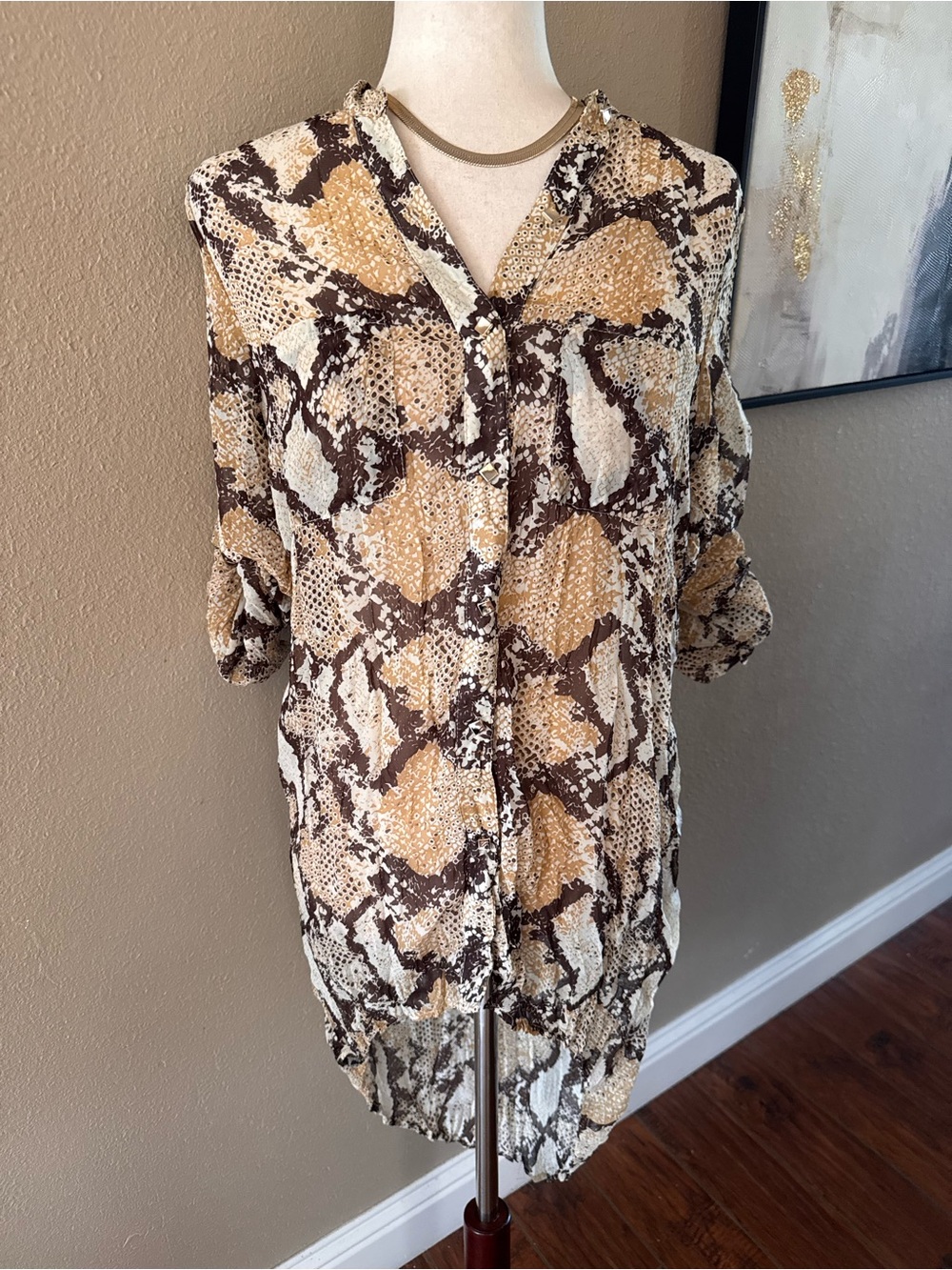 Snake-Print High-Low Button-Front Blouse - Brown - Picture 10 of 12